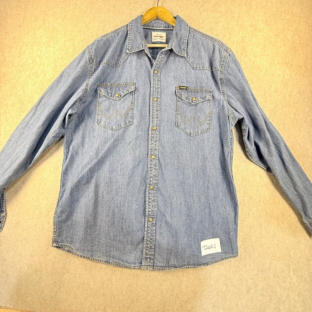 Wrangler Mens Blue Denim Western Pearl Snap Long Sleeve Shirt Large L Light Wash